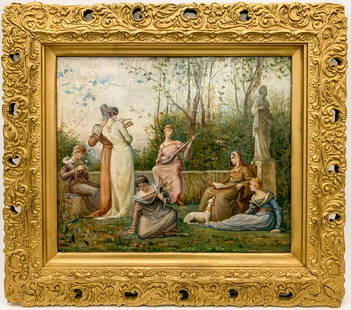 MANNER OF DE CHAVANNES, 19TH C. FIGURAL OIL: Manner of Pierre Puvis de Chavannes, late 19th century. "The Arts in a Landscape", oil on canvas, apparently unsigned. A French school Symbolist painting depicting representations of the Arts in a gar