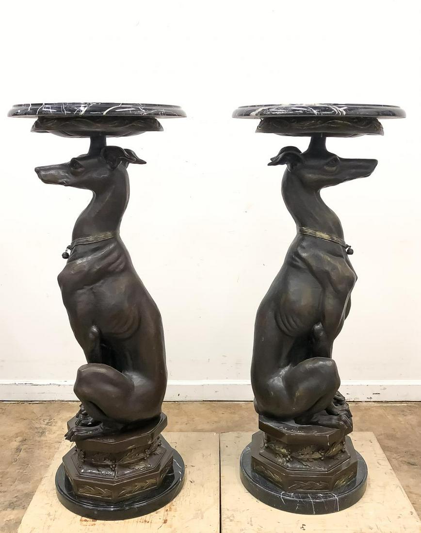 PAIR, BRONZE & MARBLE WHIPPET PEDESTALS AFTER MENE (1 of 11)