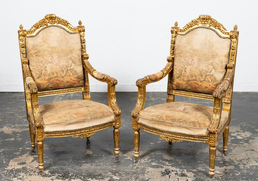 PAIR, E. 20TH C. NEOCLASSICAL STYLE GILT ARMCHAIRS (1 of 7)