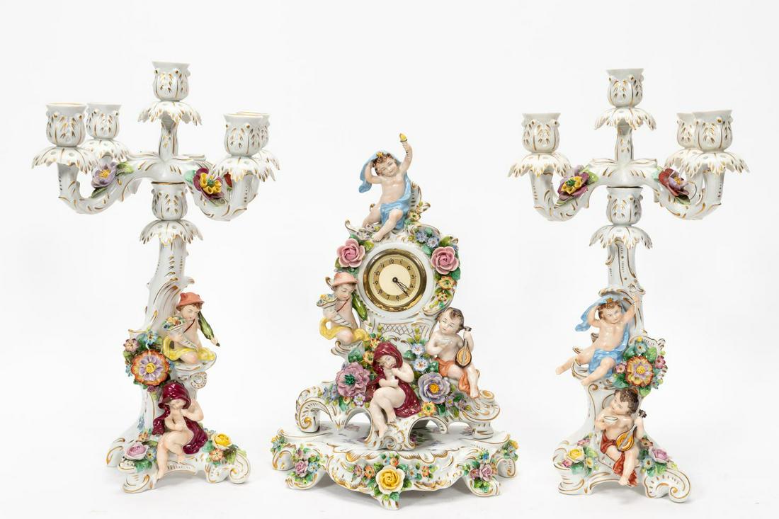 19TH C., SITZENDORF PORCELAIN CLOCK GARNITURE SET (1 of 14)