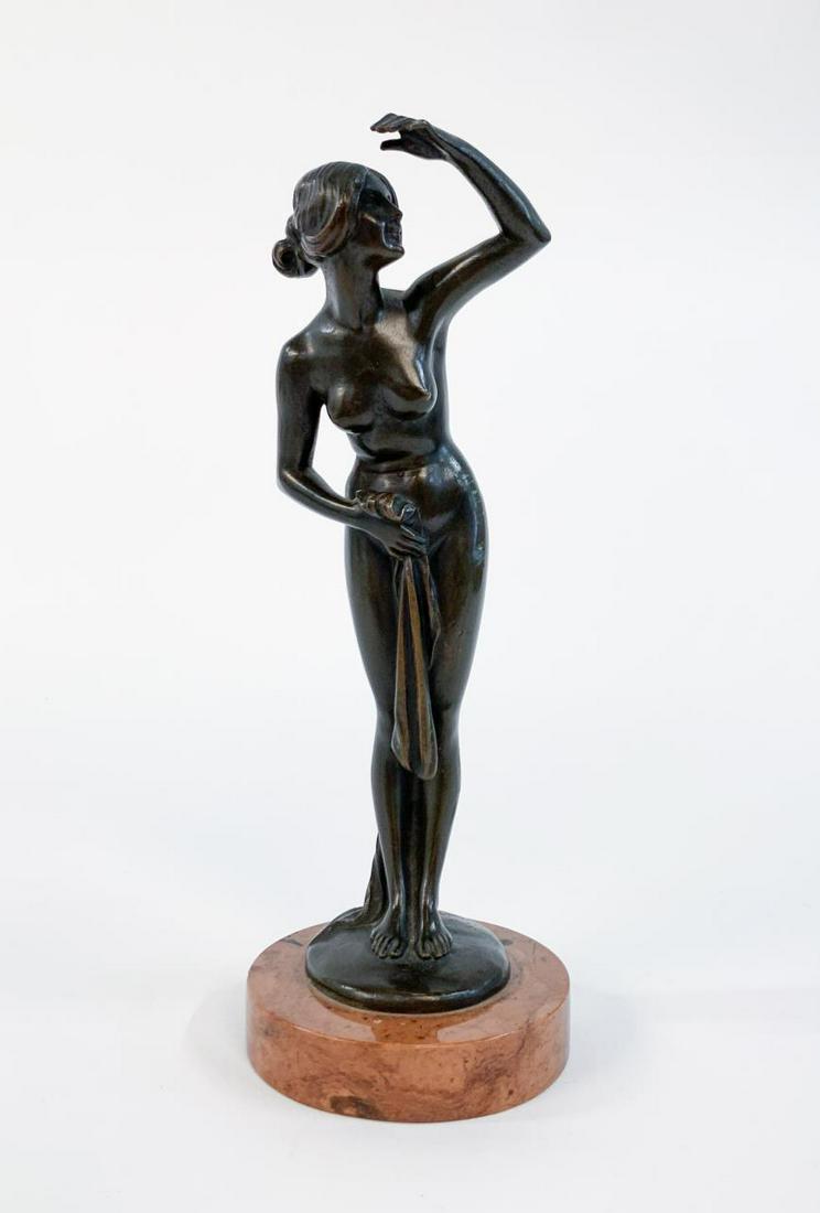 BRUNO ZACH, ART DECO NUDE BRONZE OF A LADY: Professor Tuch or Bruno Zach (Austrian, 1891-1945). "Deco Lady", bronze sculpture, signed to bronze "Prf Tuch" a pseudonyms for Bruno Zach. An Art Deco era bronze sculpture of a nude lady. Approx: h. 