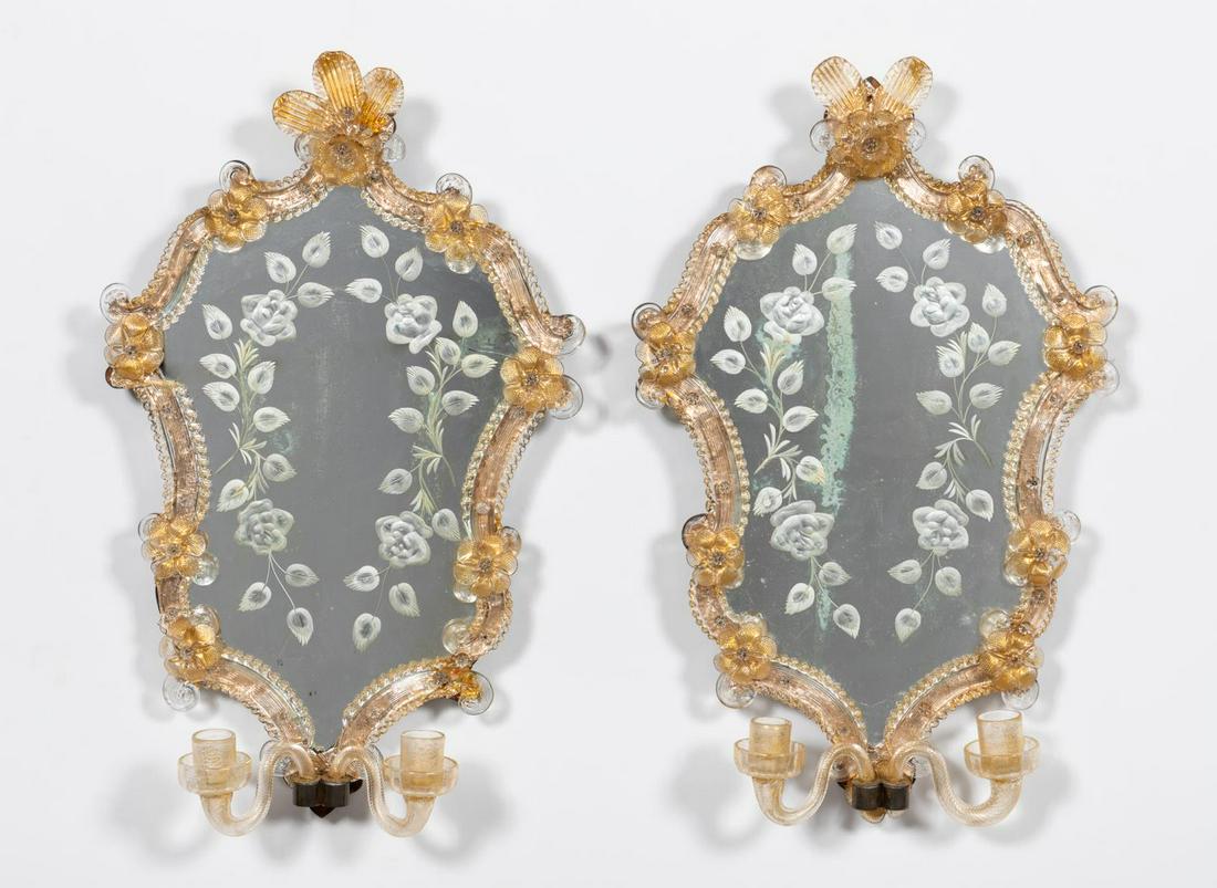 PAIR, 20TH C. VENETIAN ETCHED GIRANDOLE MIRRORS (1 of 6)