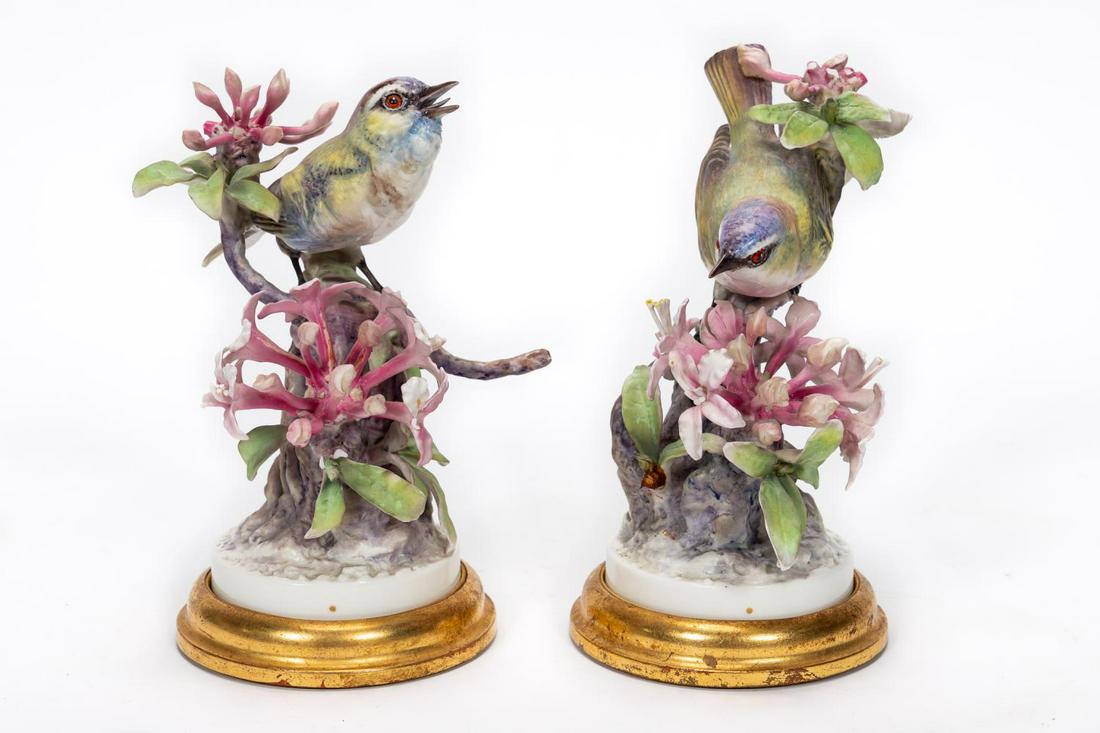 PAIR, DOROTHY DOUGHTY "RED EYED VIREO" BIRDS: Dorothy Doughty (Italian, 1892-1962) for Royal Worcester (English, founded 1751). A pair of "Red Eyed Vireo" bisque porcelain figurines on gilt wood stands. Marked to underside. Approx. height of one,