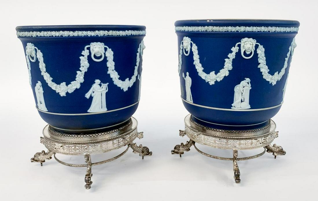 PAIR, WEDGWOOD DARK BLUE JASPERWARE CACHE POTS (1 of 8)