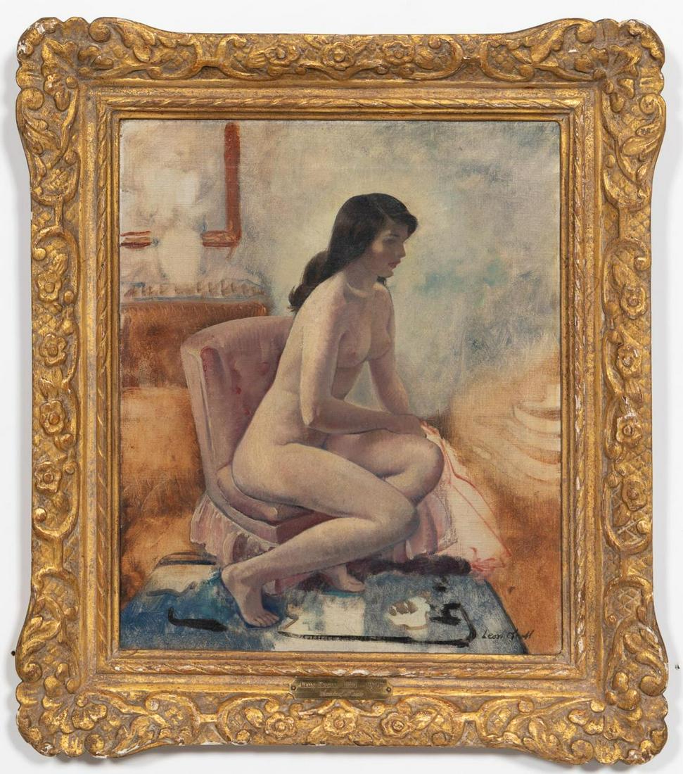 LEON KROLL, "SEATED NUDE" OIL ON CANVAS PAINTING: Leon Kroll (American, 1884-1974). "Seated Nude", oil on canvas, signed to lower right. A nude figural portrait painting of a seated lady in a boudoir. Approx: 18" x 15" (canvas), 25" x 21.5" (frame).