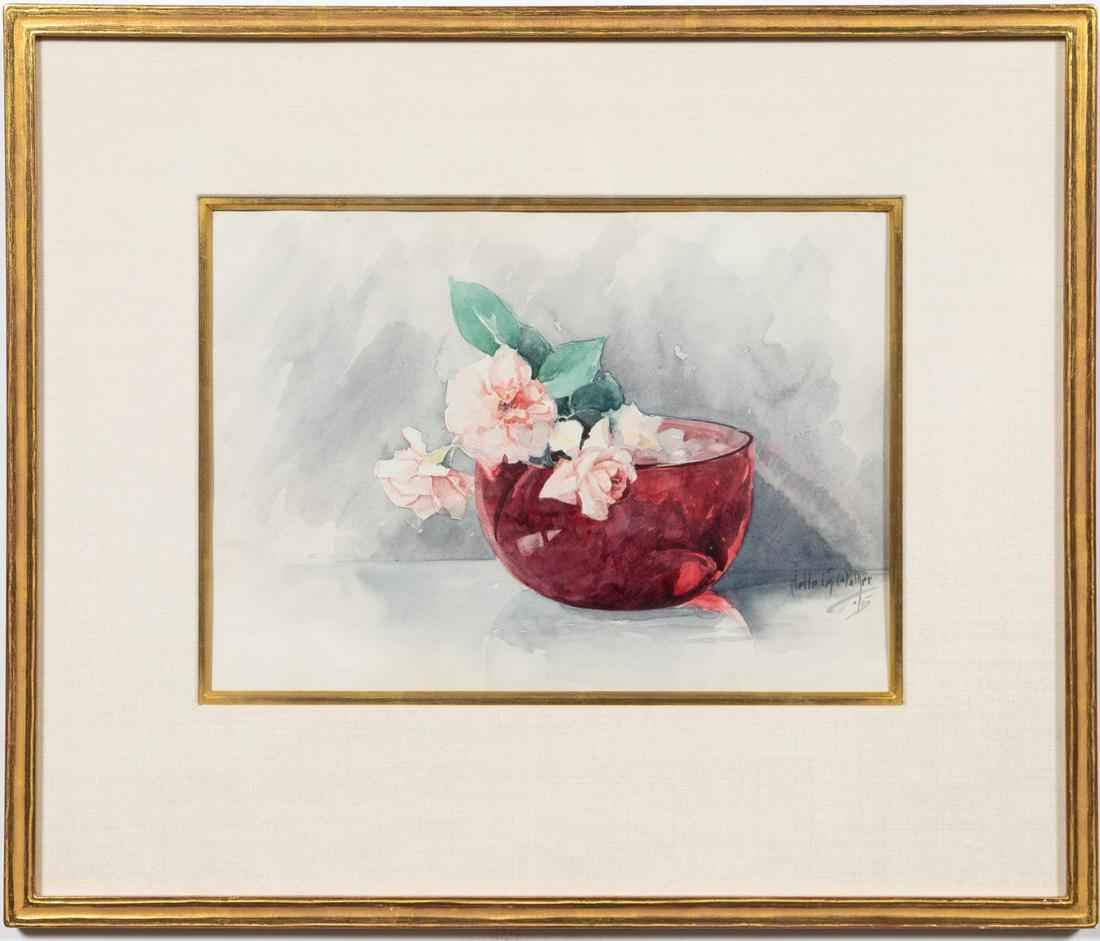 NELL WALKER WARNER, "ROSE BOWL" WATERCOLOR: Nell Gertrude Walker Warner (American, 1891-1970). "Rose Bowl" - 1915, watercolor on paper painting, signed to lower right "Nell G. Walker, 1915". A watercolor painting of pink roses resting in a cran