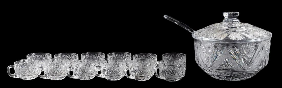 14 PC, CUT GLASS LIDDED PUNCH BOWL SET & LADLE (1 of 4)