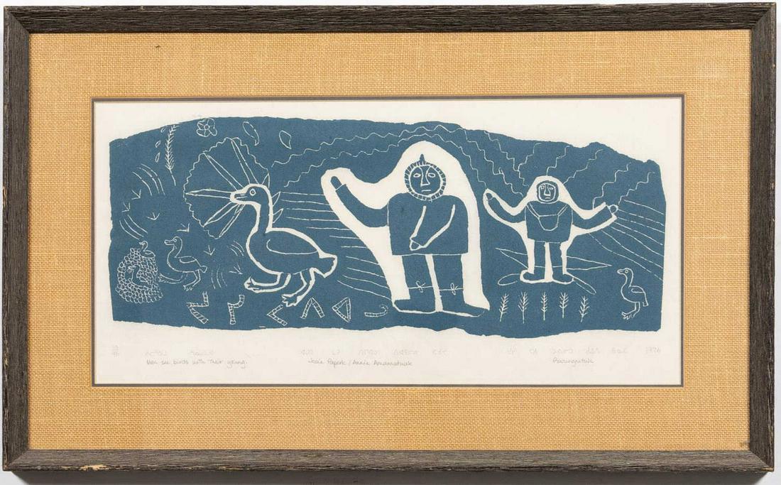 AMAMATUAK & PAPERK INUIT FIGURAL LINOCUT - 1976: Annie Amamatuak (American, b. 1933 -). and Josie Paperk (American, 20th century). "Men See Birds with Their Young" - 1976, colored linocut on paper, pencil signed, titled, dated and numbered 10/45 on 