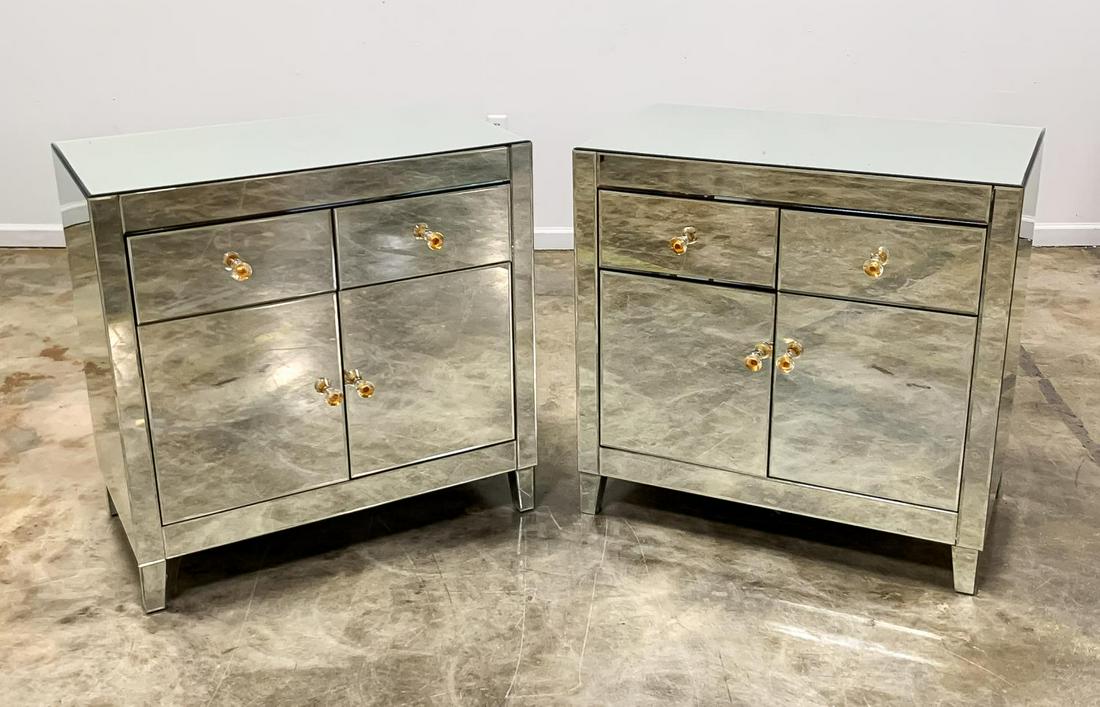 PAIR, CONTEMPORARY MIRRORED CONSOLE CABINETS (1 of 10)