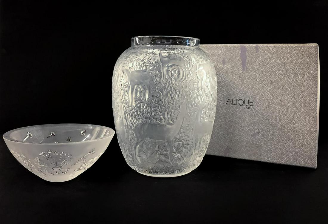 TWO LALIQUE FROSTED CRYSTAL PIECES, VASE & BOWL (1 of 10)