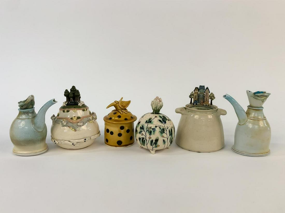SIX WHIMSICAL GLAZED ART POTTERY LIDDED VESSELS (1 of 12)
