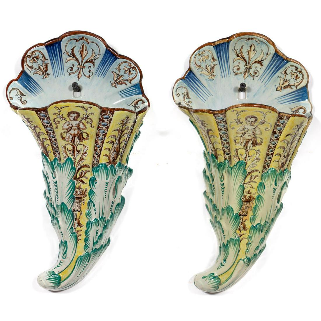 PAIR CONTINENTAL POLYCHROME FAIENCE CORNUCOPIAS (1 of 6)