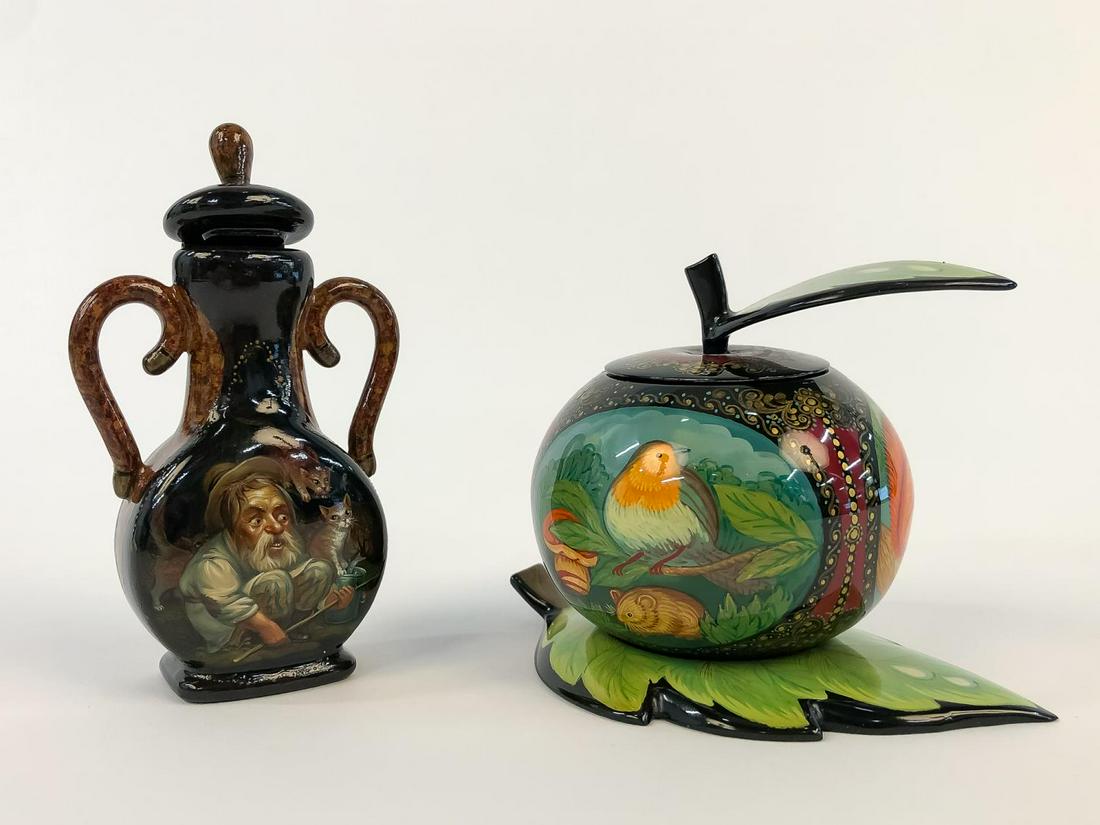 TWO RUSSIAN LACQUERED SMALL PIECES, VASE & APPLE (1 of 7)