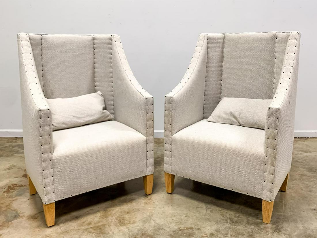 PAIR, HIGH BACK TAN UPHOLSTERED TUB CHAIRS (1 of 4)
