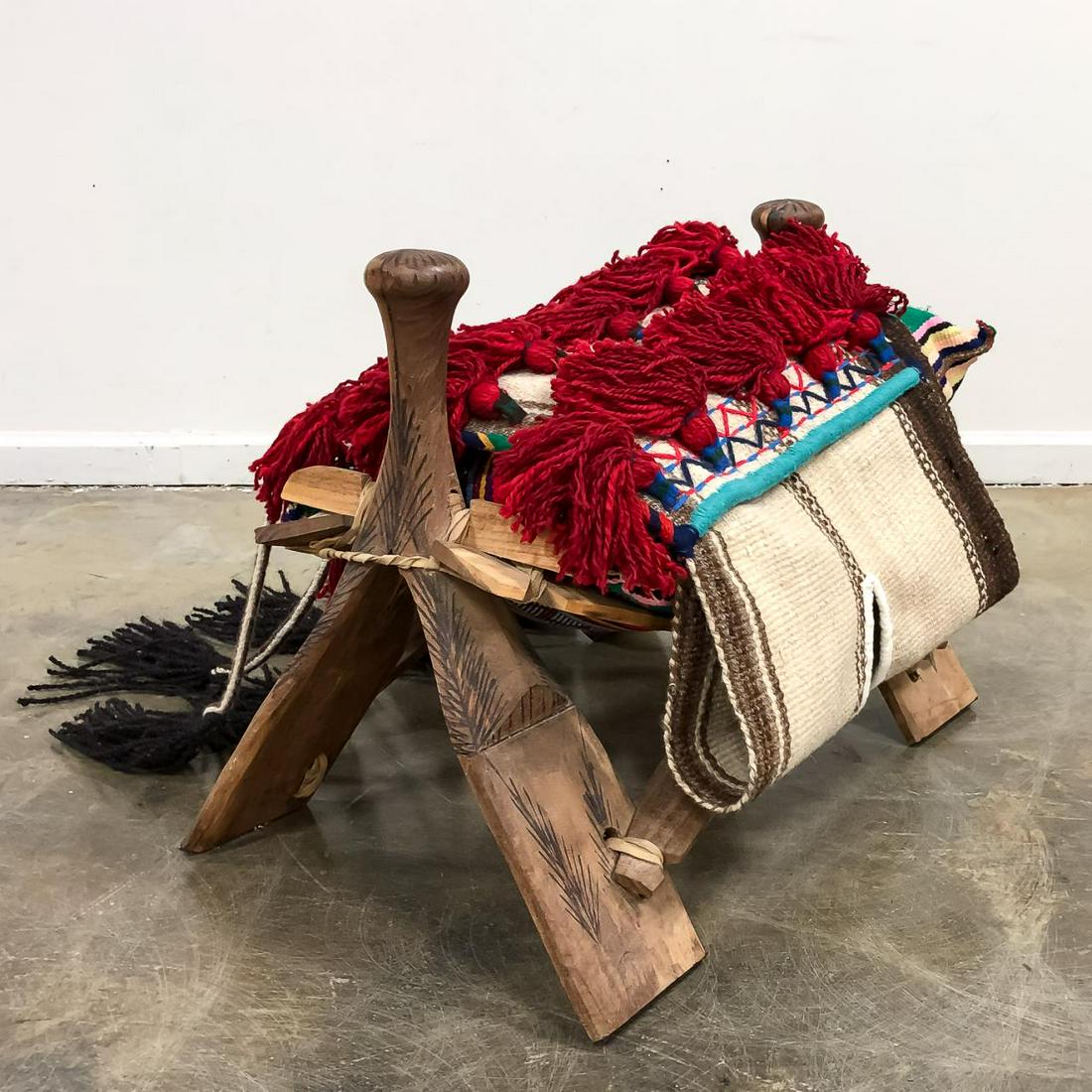 MORROCAN WOODEN CAMEL STOOL WITH PILLOW AND SADDLE (1 of 9)