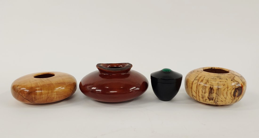 FOUR SIGNED HAND TURNED EXOTIC WOOD VESSELS (1 of 8)