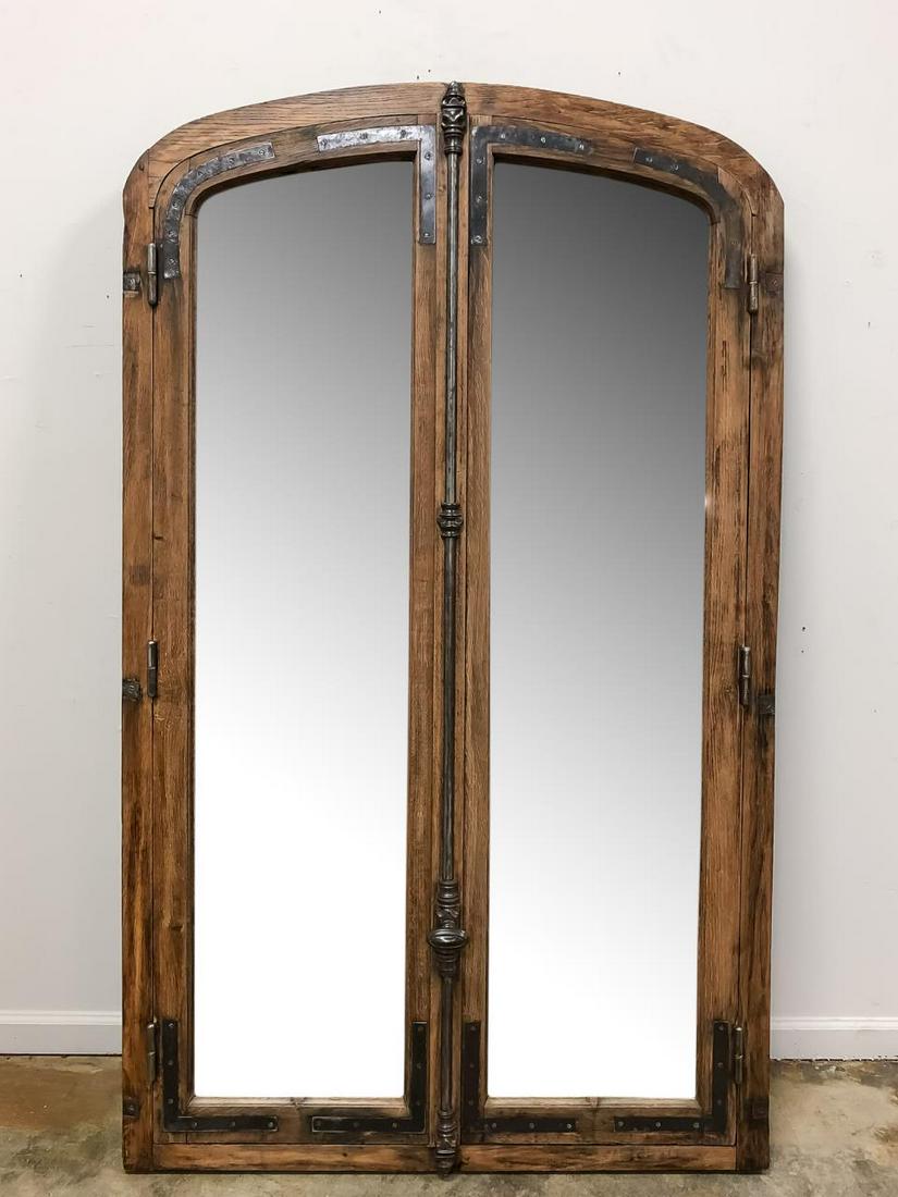 19TH C. FRENCH ARCHED OAK WINDOW FRAME MIRROR (1 of 4)