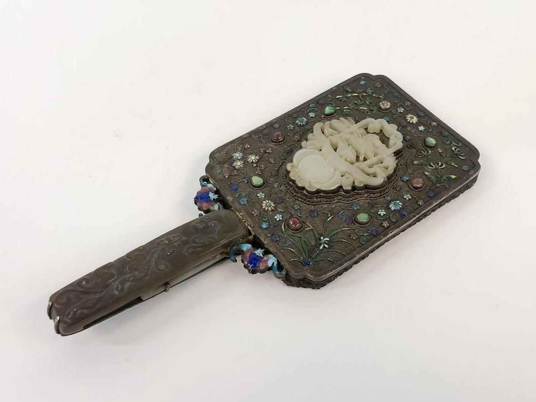 CHINESE CLOISONNE, JADE AND GEM SET HAND MIRROR (1 of 5)