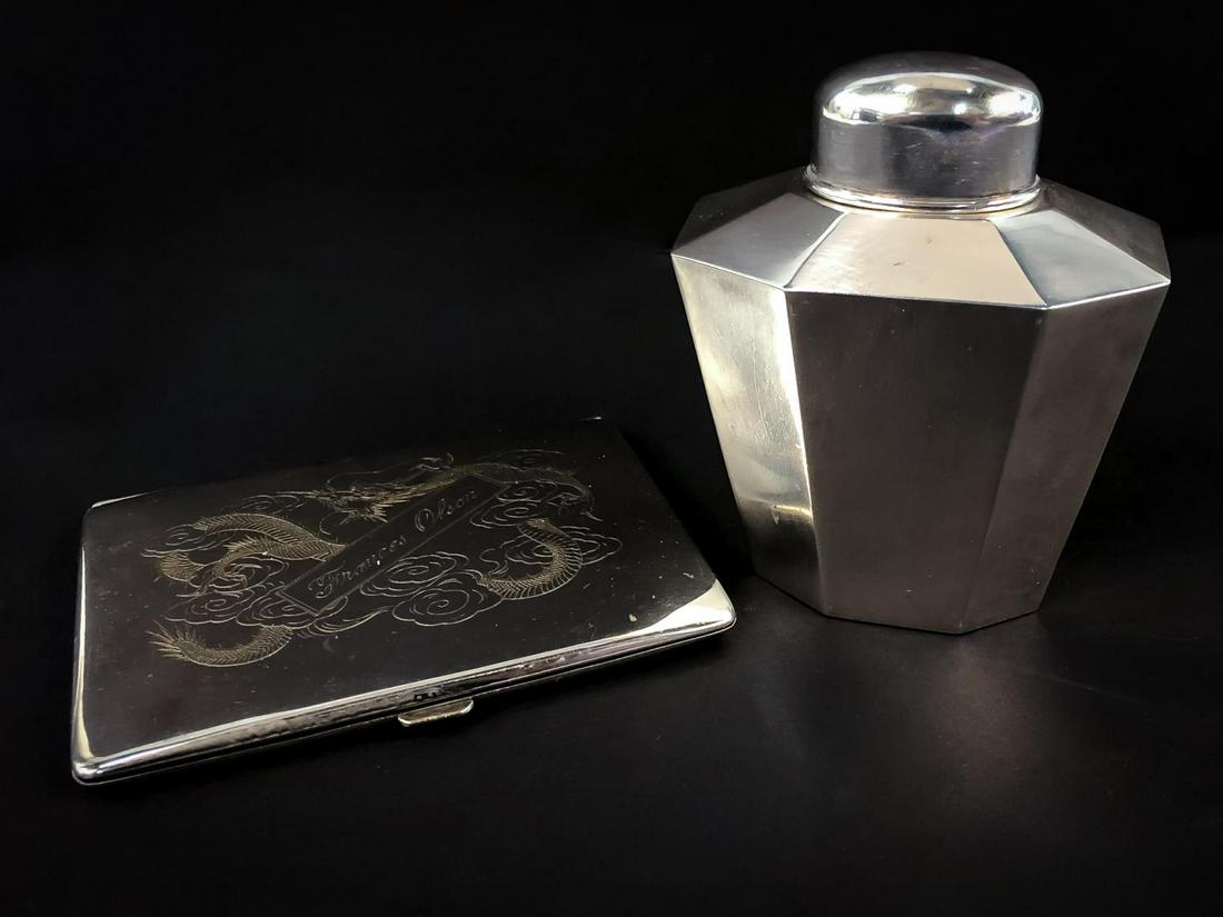 CHINESE SILVER TEA CADDY AND PLATED CIGARETTE CASE (1 of 9)