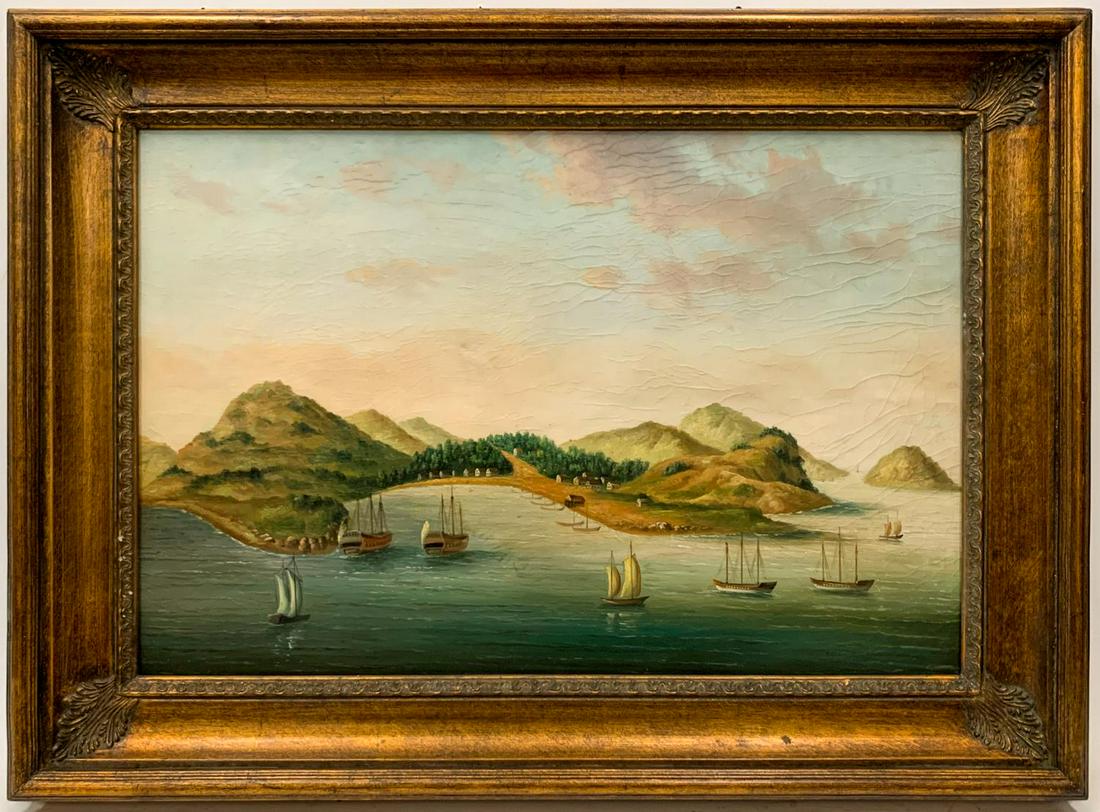 CHINA TRADE STYLE HARBOR SCENE OIL PAINTING (1 of 5)