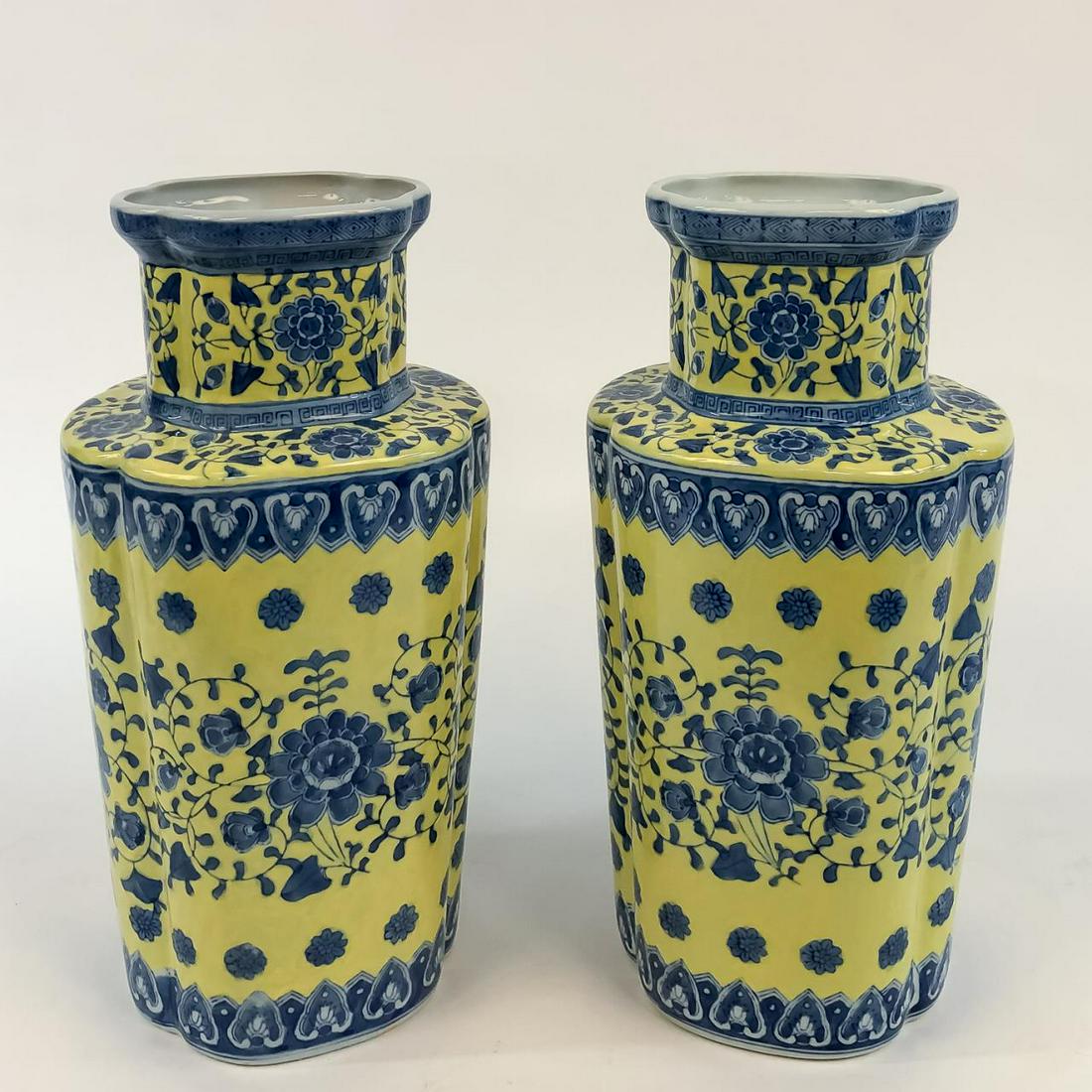 PAIR, CHINESE FAMILLE JAUNE BLUE FLORAL VASES (1 of 7)