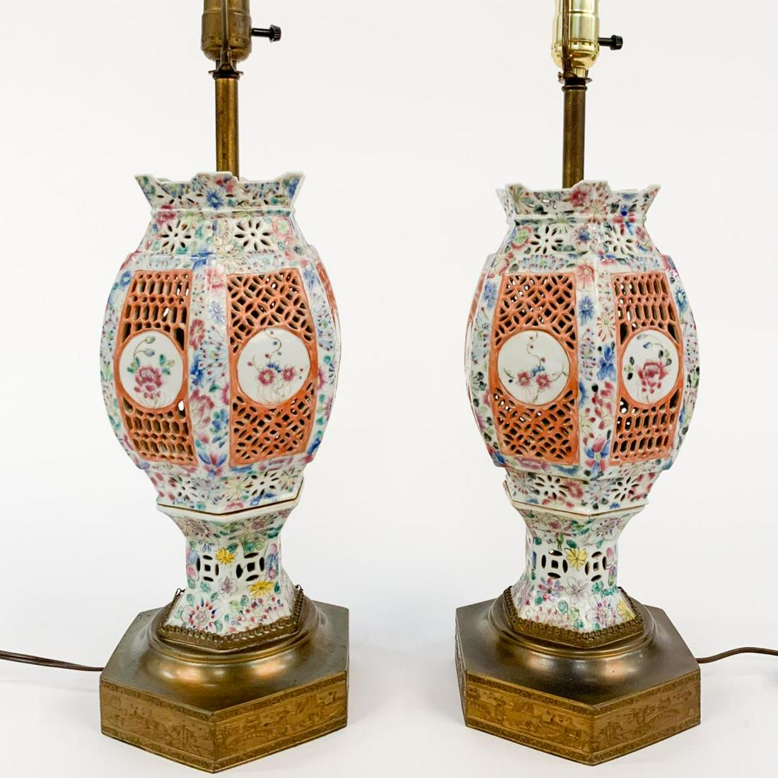 PAIR, CHINESE WEDDING LANTERNS MOUNTED AS LAMPS (1 of 5)