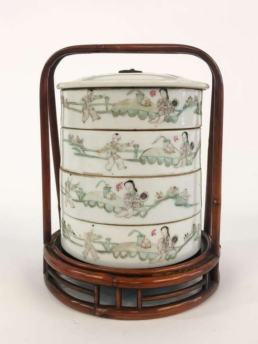 FOUR CHINESE FIGURAL STACKING BOXES IN CADDY (1 of 8)