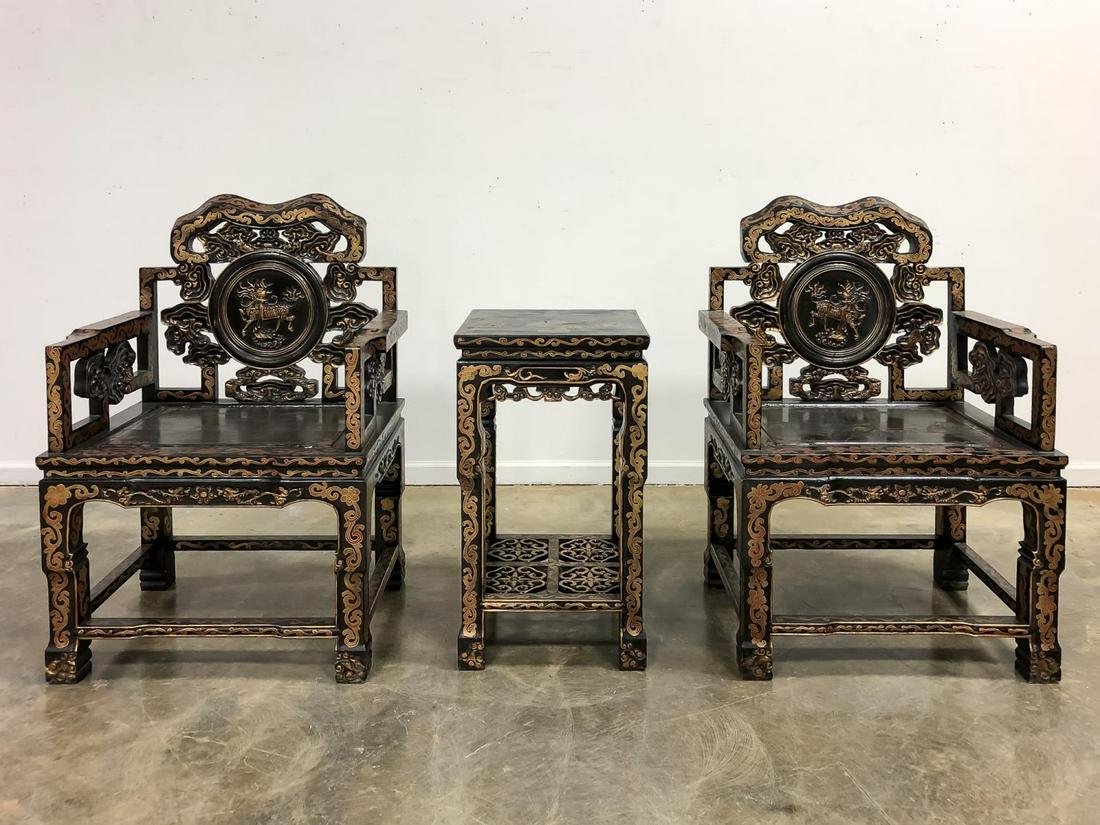 3PC, CHINESE BLACK AND GILT ARMCHAIRS AND TABLE (1 of 9)
