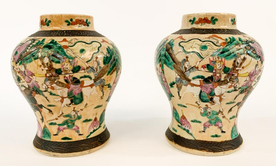 PAIR, CHINESE WUCAI GE CRACKLE FIGURAL VASES (1 of 6)