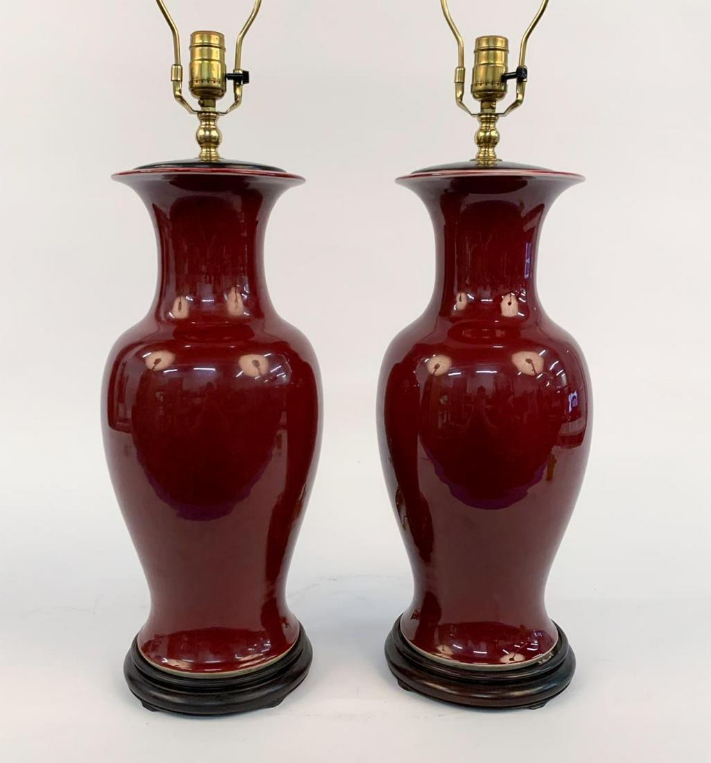 PAIR, CHINESE OXBLOOD VASES MOUNTED AS LAMPS (1 of 5)