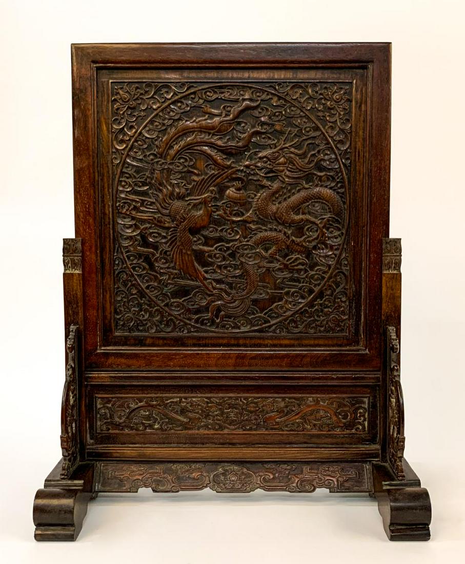 LARGE CHINESE CARVED HARDWOOD TABLE SCREEN (1 of 6)