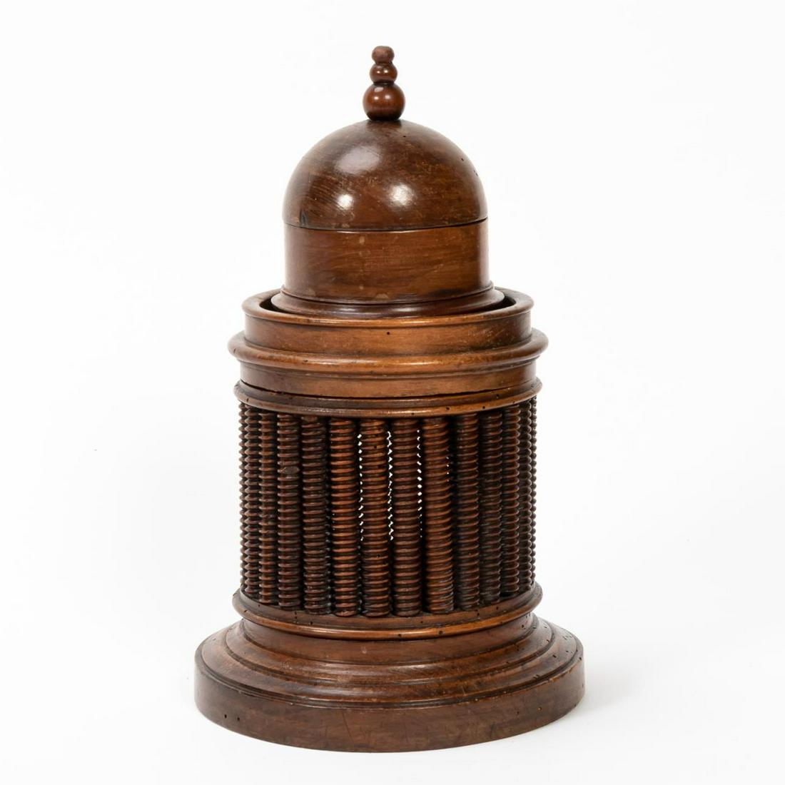 19TH C. ENGLISH ARCHITECTURAL MODEL OF A ROTUNDA: English, 19th century. Turned wooden architectural model of a rotunda or possibly the Tempietto at San Pietro in Montorio, Rome, Italy, having a domed form, the body with ringed columns and rising on