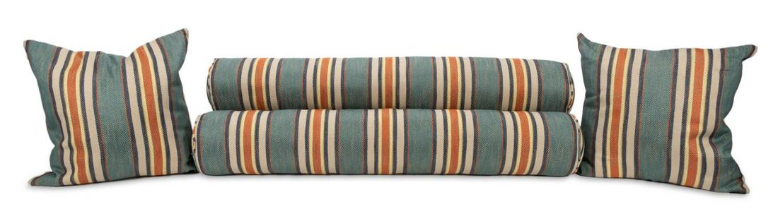 COLLECTION OF STRIPED PILLOWS, THROW & BOLSTER: Group of four throw pillows in blue, orange, and yellow stripes comprising of two square and two long bolsters. Apparently unmarked. Appprox. l. 47", diam. 8" (bolster), 20" x 20" (square pillow).