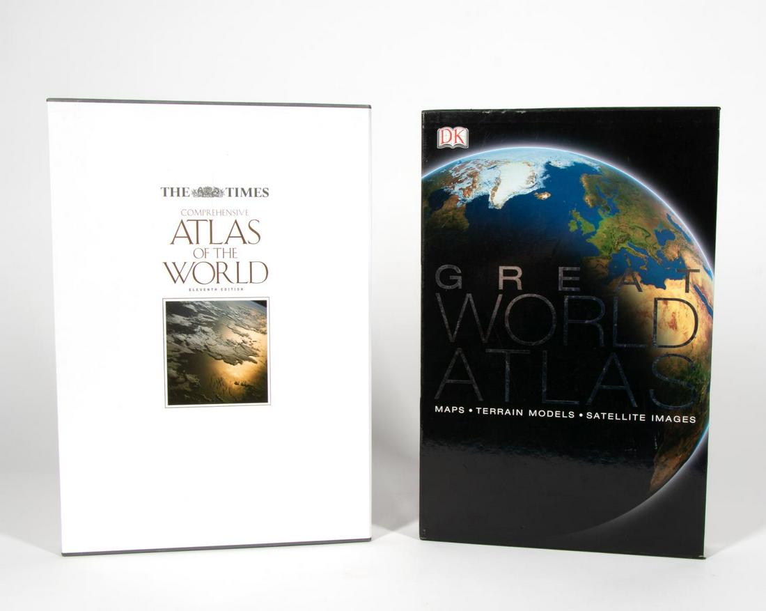 TWO, OVERSIZED WORLD ATLAS DECORATIVE ART BOOKS: Two oversized coffee table art books with original hard sleeves including "The Times - Comprehensive Atlas of the World" and "Great World Atlas". Approx: h. 18.5", w. 13", d. 2" (Measures Largest).