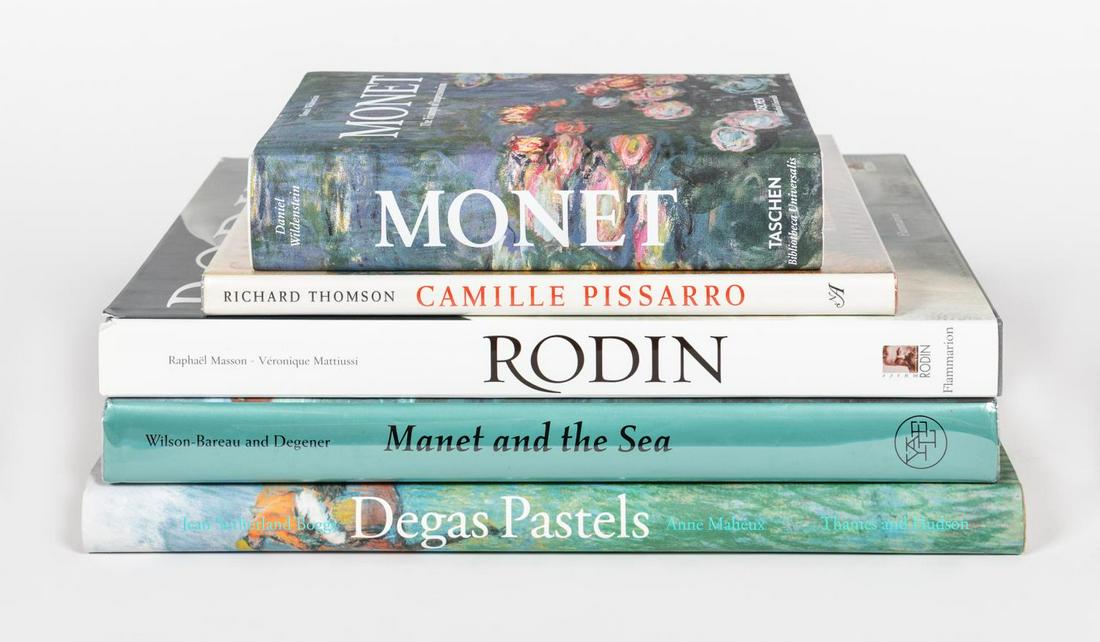 FIVE HARDCOVER BOOKS ON FAMOUS ARTISTS: A grouping of five hardcover books with original dust jackets on famous artists including Monet, Camille Pissarro, Manet, Rodin and Degas. Approx: h. 12.5", w. 10", d. 1.5" (Measures Largest).
