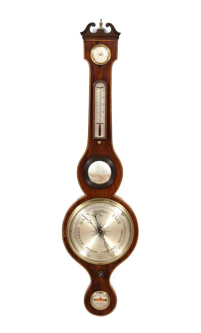 ENGLISH INLAID MAHOGANY BANJO BAROMETER, C.1830: J. Somalvico (London, active 19th century), circa 1830. A fine single banded inlaid mahogany banjo form wall barometer with arched broken pediment, pressure gauge, mirrored window, and glass level to 
