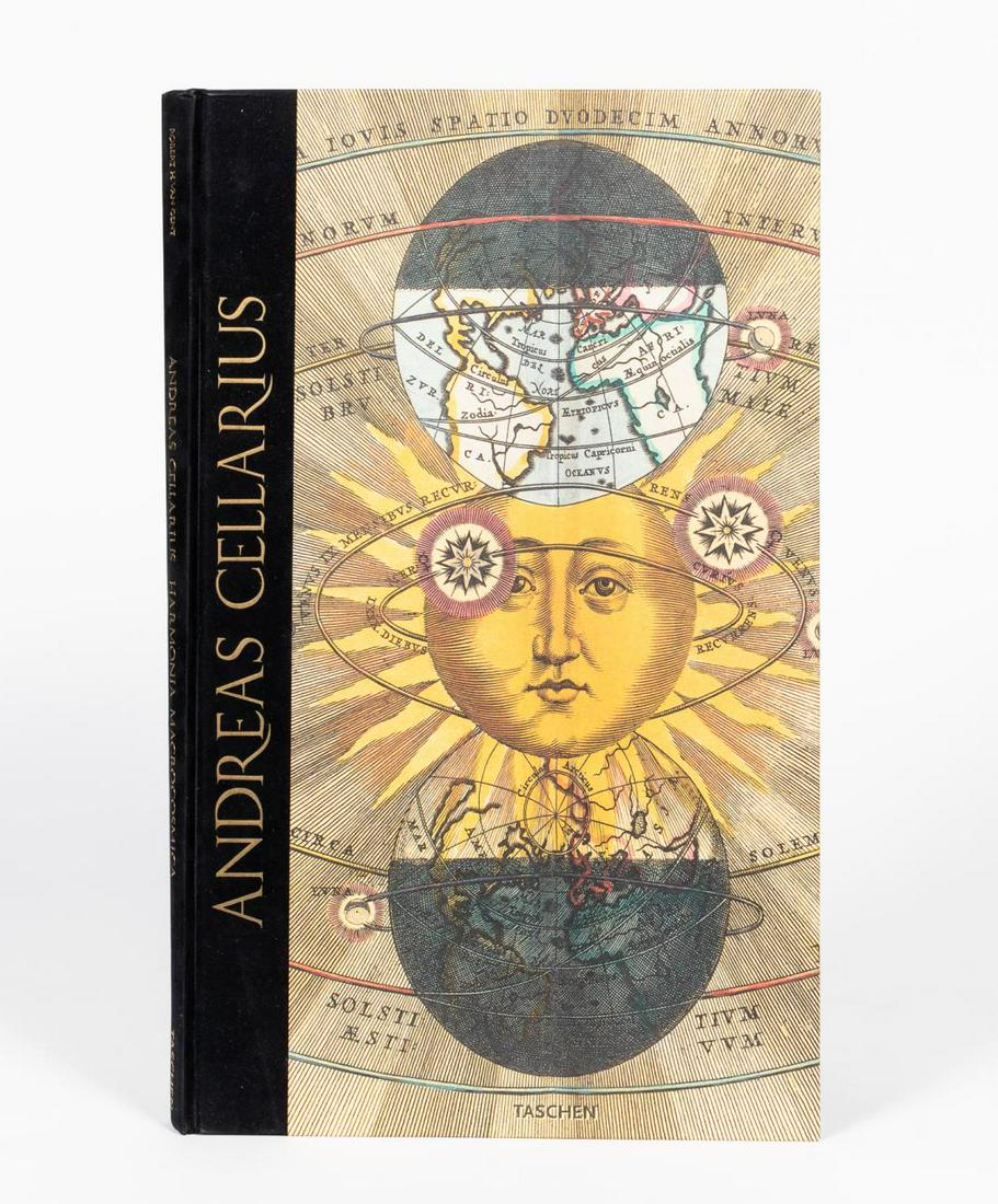 TASCHEN, "ANDREAS CELLARIUS" COFFEE TABLE BOOK: An oversized hardcover coffee table book published by Taschen "Andreas Cellarius Harmonia Macrocosmica of 1660 - The Finest Atlas of the Heavens". An expansive trilingual (English, German, French) edi