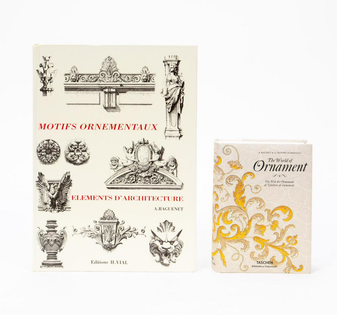 TWO ART BOOKS ON ORNAMENTS & ARCHITECTURE, TASCHEN: Two hardcover coffee table art books including "The World of Ornament" published by Taschen with dust jacket and "Motifs Ornementaux - Elements D'Architecure". Approx: h. 14", w. 10", d. 2" (Measures 