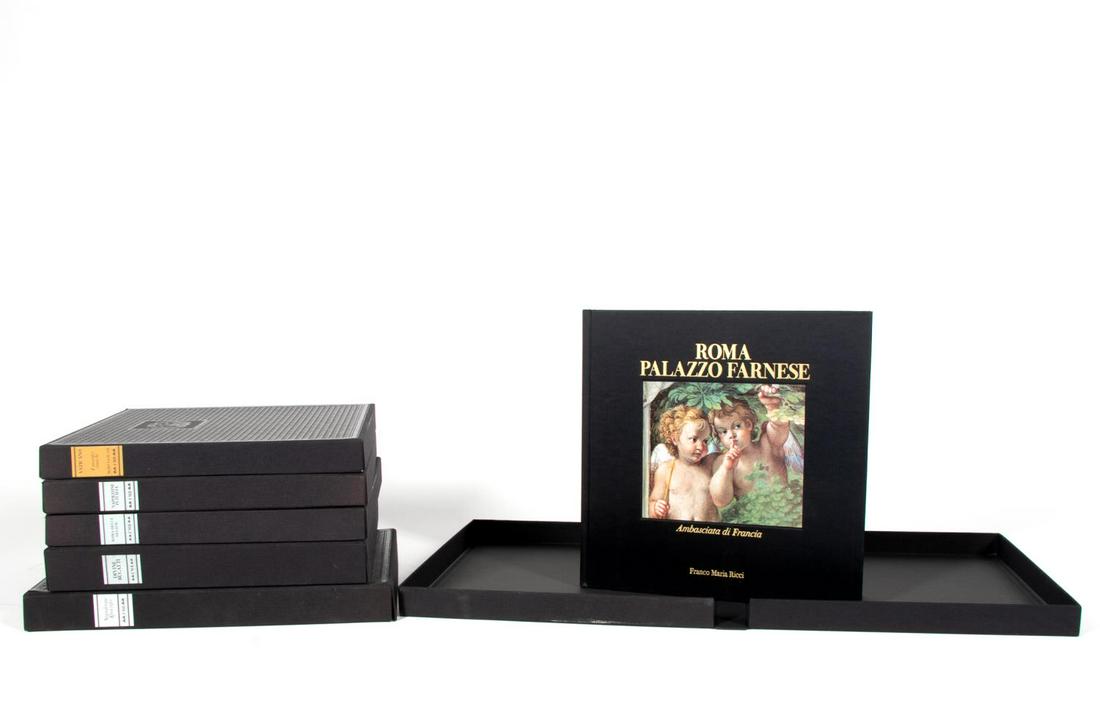 6, FRANCO MARIA RICCI HARDCOVER COFFEE TABLE BOOKS: A grouping of six Franco Maria Ricci hardcover coffee table books each with a black silk hard sleeve board slipcase including "Palazzo Farnese: Ambasciata Di Francia a Roma", "Napoleone Apocrifo", "Di