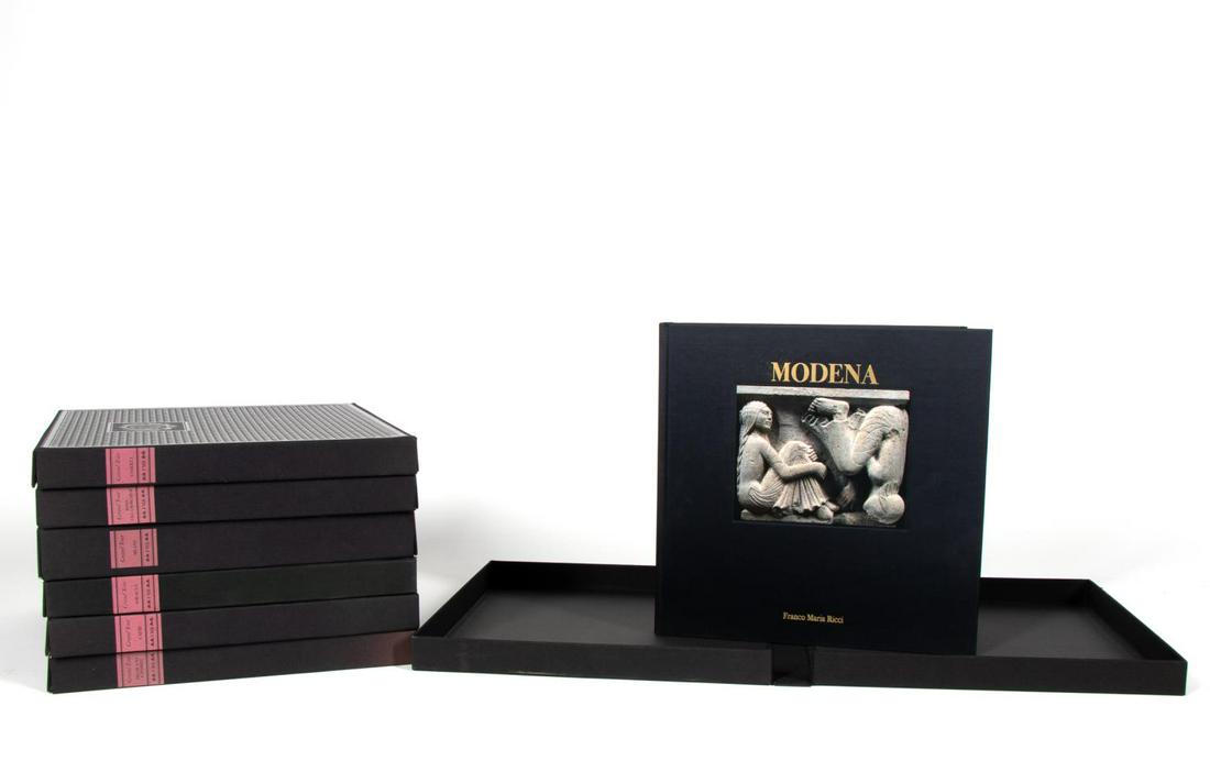 SEVEN ITALIAN FRANCO MARIA RICCI HARDCOVER BOOKS: A grouping of seven Franco Maria Ricci Hardcover coffee table books each with a black silk hard sleeve board slipcase from the Grand Tour Series including "Milano", "Soragna", "Capri", "Ercolano E Pom