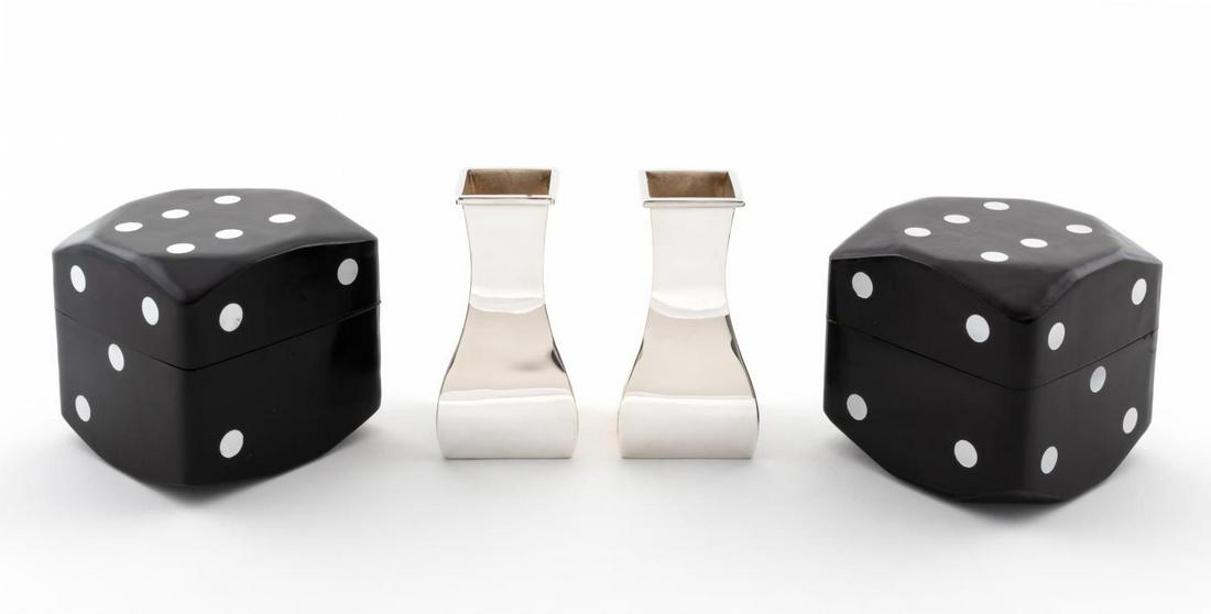 FOUR RALPH LAUREN HOME ACCESSORIES: Ralph Lauren Home, contemporary. Group of decorative home accessories comprising of two black and silver leather dice form boxes and two pewter bud vases. Maker's marks to underside of all pieces. App