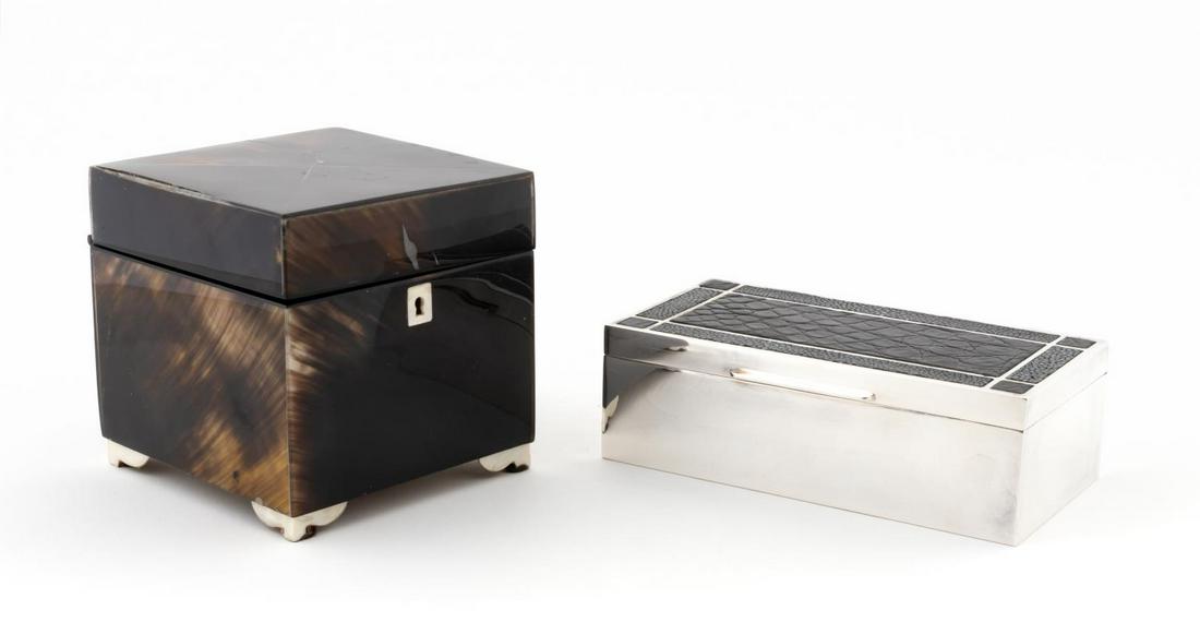 TWO RALPH LAUREN HOME DECORATIVE BOXES: Ralph Lauren Home, contemporary. Group of two decorative boxes comprising of one square horn box and one sterling silver rectangular box with leather and shagreen insets. Both are marked to underside,