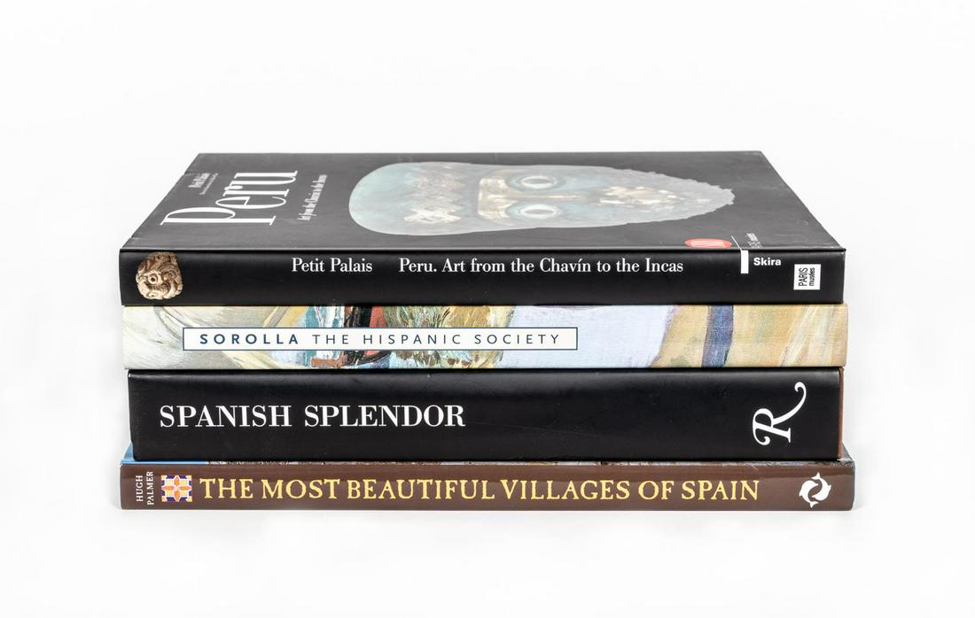 4 DECORATIVE BOOKS ON ART & ARCHITECTURE: A grouping of four hardcover coffee table books with dust jackets including "Peru, Art From The Chavin to the Incas" by Skira, "Sorolla - The Historical Society", "The Most Beautiful Villages of Spain