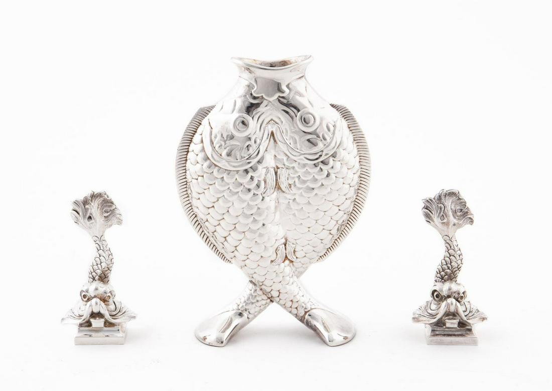 CHRISTOFLE VASE & TWO PLACECARD HOLDERS: Christofle, 20th century. Group of three silver plated table articles comprising an art nouveau style "Deaux Poissons" or "Two Fish" figural vase after the original in the Bouilhet-Christofle museum a