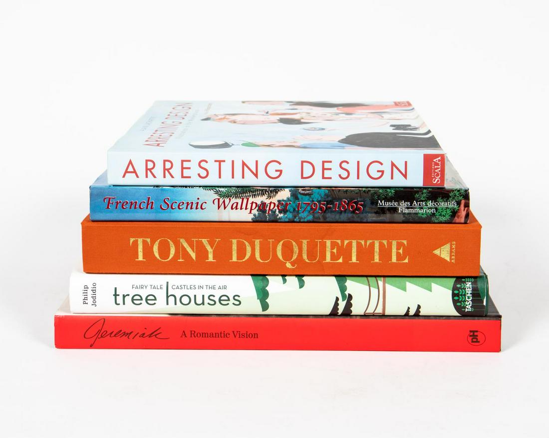 FIVE HARDCOVER ART BOOKS ON DECORATING AND DESIGN: Five hardcover coffee table books on decorating and design including "French Scenic Wallpaper 1795-1865" published by Flammarion, "Fairy Tale Castles In The Sky, Tree Houses" published by Taschen, "Ar