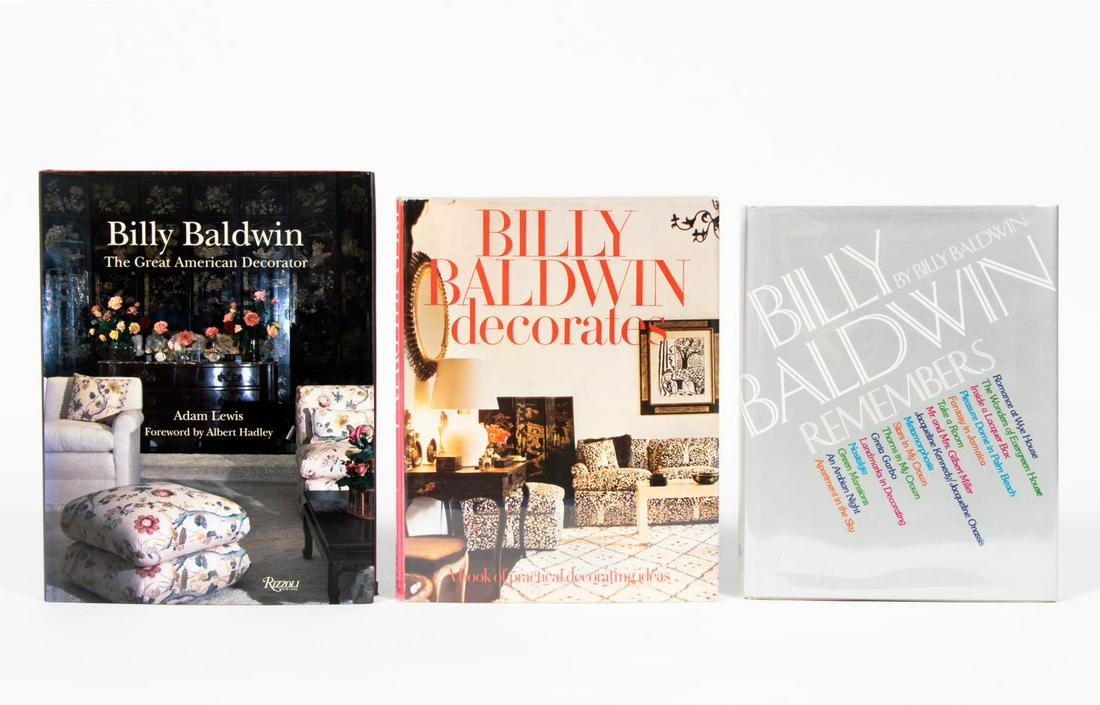 3 ART BOOKS ON INTERIOR DESIGN, BILLY BALDWIN: A grouping of three hardcover coffee table books each with their original dust jackets on the designs of Billy Baldwin including "Billy Baldwin, The Great American Decorator" published by Rizzoli. App