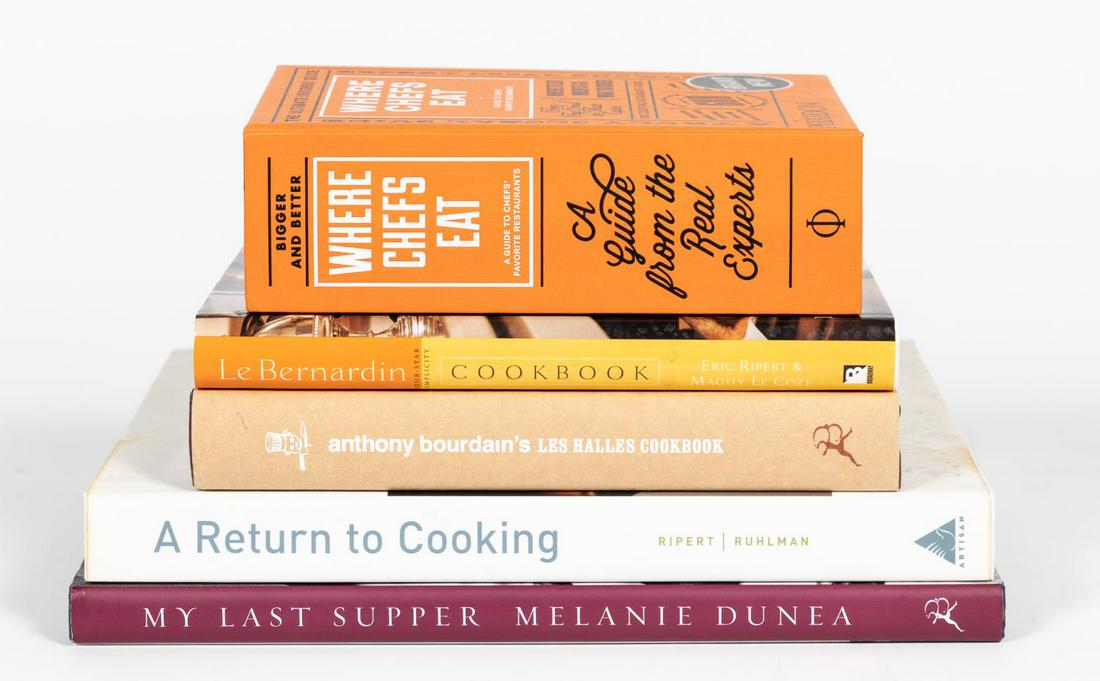5 BOOKS ON THE LOVE OF FOOD & COOKING, SIGNED COPY: A grouping of five hardcover coffee table books on the love of food and cooking including a copy of "Le Bernardin" signed by Eric Ripert and "A Return to Cooking" signed by Eric Ripert. Approx: h. 12"