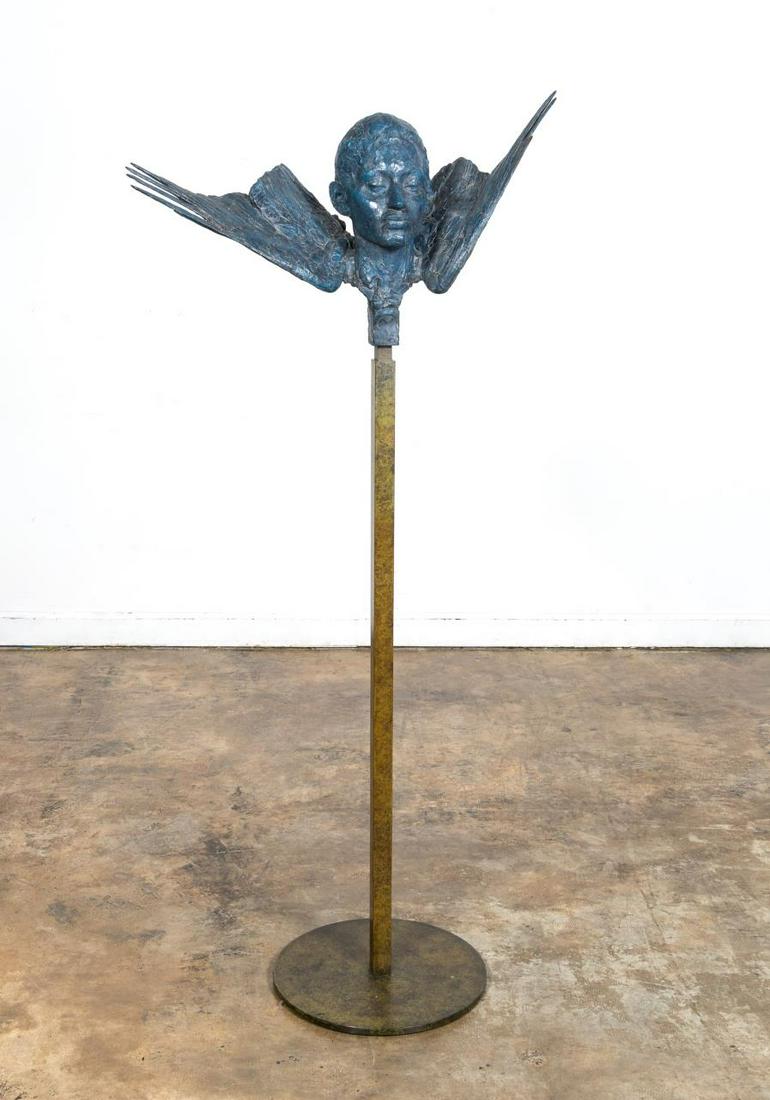 GEORGE CARLSON, FIGURAL BRONZE "THE HUNTRESS": George Carlson (American, b. 1940-). "The Huntress- Homage to Abbot Handerson Thayer" - 1999, patinated blued bronze, signed "Carlson", dated, and numbered 5/21. Figural sculpture of a female head wit