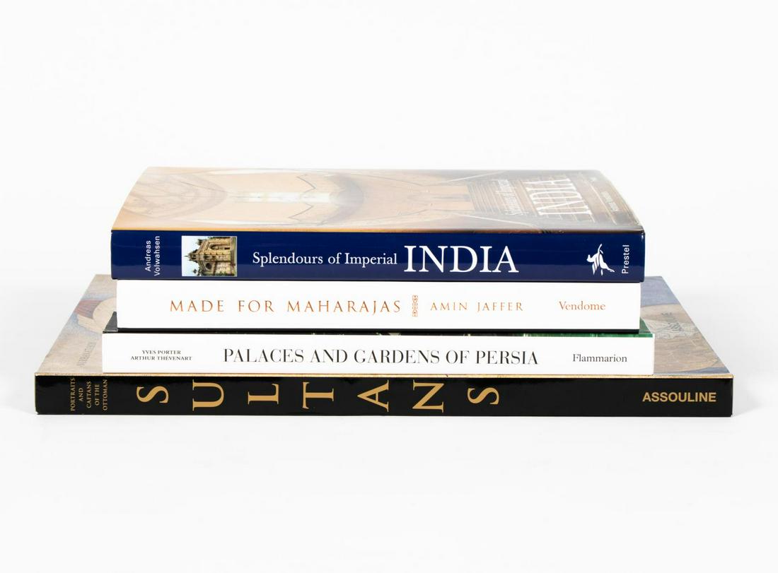 FOUR HARDCOVER ART BOOKS ON INDIA & PERSIA: A grouping of four hardcover coffee table art books on India and Persia including "Sultans" published by Assouline, "Palaces and Gardens of Persia" published by Flammarion, "Made for Maharajas" publis