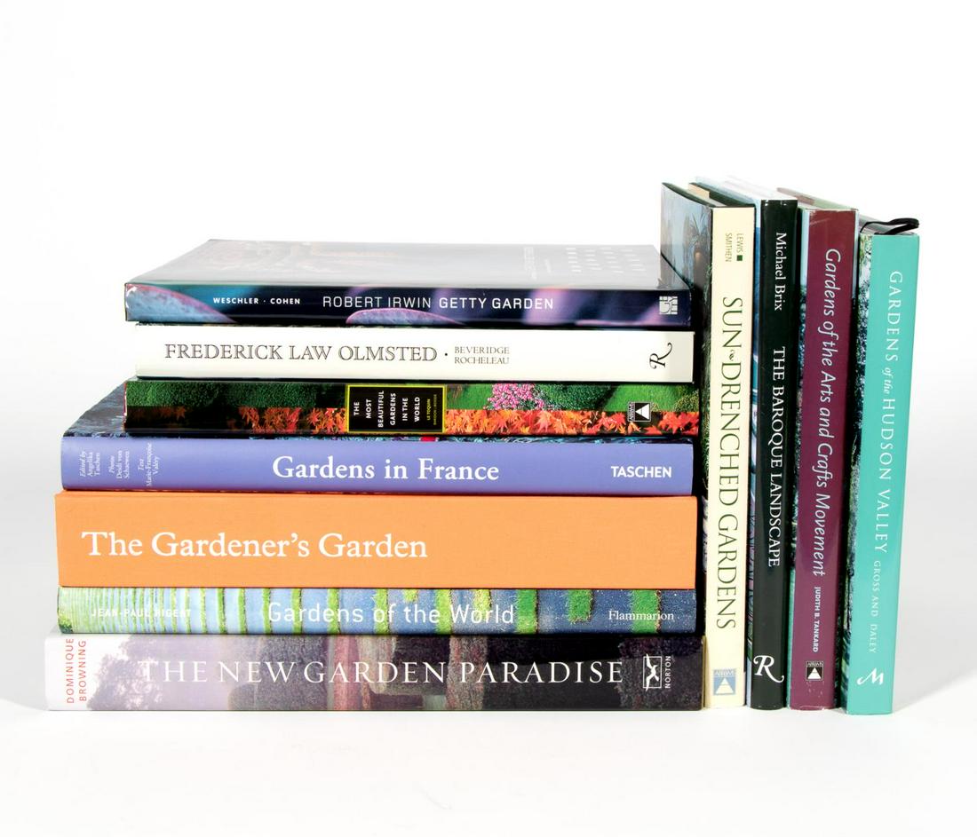 11 ART BOOKS ON GARDENING INCL. TASCHEN & RIZZOLI: A grouping of eleven hardcover coffee table art books on gardening including "Frederick Law Olmsted" published by Rizzoli, "The Baroque Landscape" published by Rizzoli and "Gardens in France" publishe